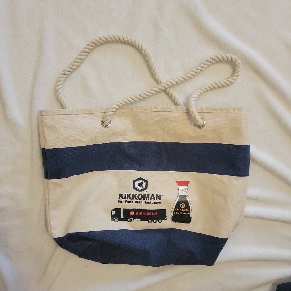 Kikkoman Canvas Rope Handle Tote Bag Navy Stripe Farmers Market Beach - Picture 3 of 6